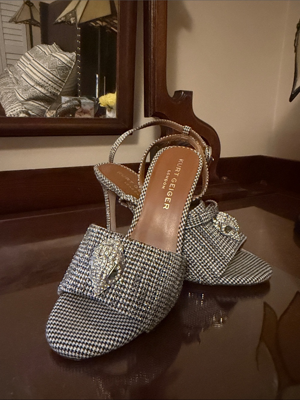 Kurt Geiger Black & White Tweed Crystal-Embellished Slingbacks